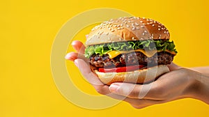 Hands gripping a delicious burger on vibrant yellow background, tempting fast food concept