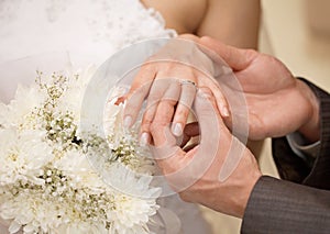 Hands of groom and bride with ring close up