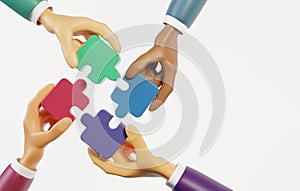Hands of a group of businessmen assembling a jigsaw puzzle on a white background