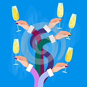 Hands Group Holding Glasses Champagne Wine Celebration Concept