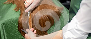 Hands of hairdresser cut woman long hair, close up.