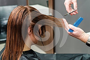 Hands of hairdresser cutting long hair of woman