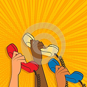 Hands with handset on dots background