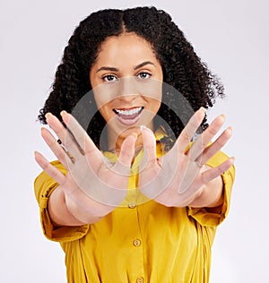 Hands, happy and portrait of a woman for presentation, showing fingers and counting on a studio background. Smile, work