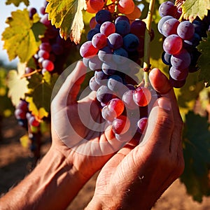 Hands harvesting and handling grapes on the vine in vinyard farm