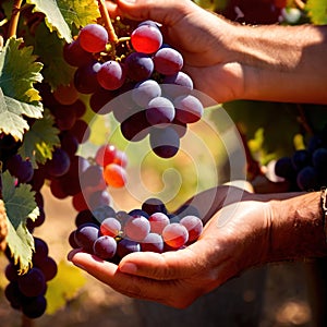 Hands harvesting and handling grapes on the vine in vinyard farm