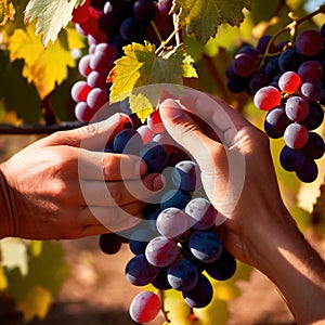 Hands harvesting and handling grapes on the vine in vinyard farm