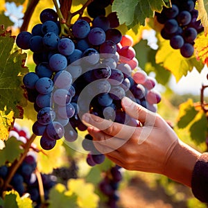 Hands harvesting and handling grapes on the vine in vinyard farm