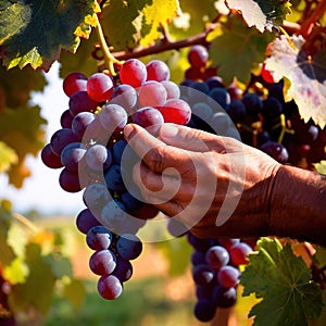 Hands harvesting and handling grapes on the vine in vinyard farm