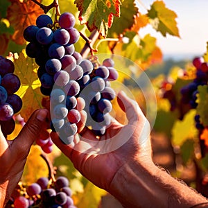 Hands harvesting and handling grapes on the vine in vinyard farm