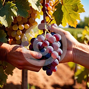 Hands harvesting and handling grapes on the vine in vinyard farm