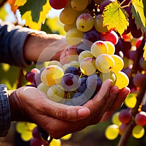 Hands harvesting and handling grapes on the vine in vinyard farm