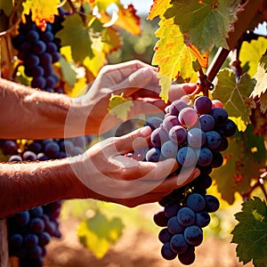 Hands harvesting and handling grapes on the vine in vinyard farm