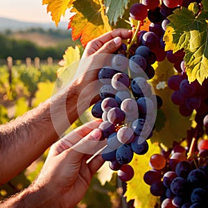 Hands harvesting and handling grapes on the vine in vinyard farm