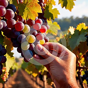 Hands harvesting and handling grapes on the vine in vinyard farm