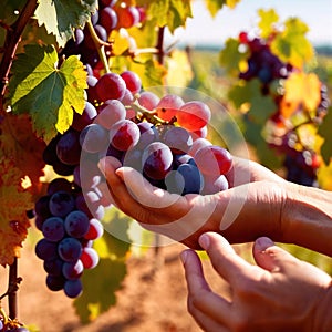 Hands harvesting and handling grapes on the vine in vinyard farm