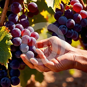 Hands harvesting and handling grapes on the vine in vinyard farm