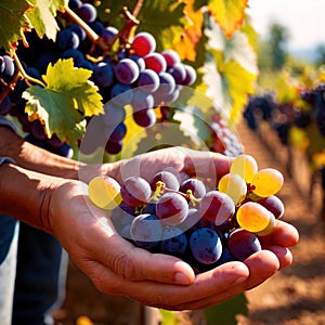 Hands harvesting and handling grapes on the vine in vinyard farm