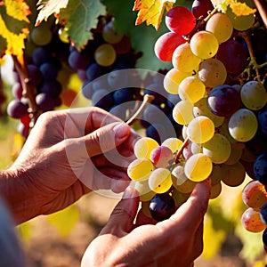 Hands harvesting and handling grapes on the vine in vinyard farm