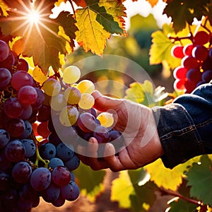 Hands harvesting and handling grapes on the vine in vinyard farm