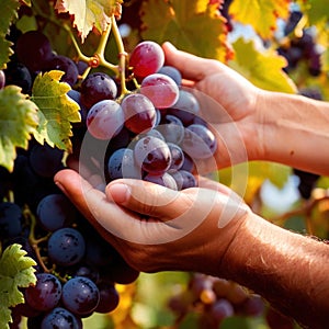 Hands harvesting and handling grapes on the vine in vinyard farm