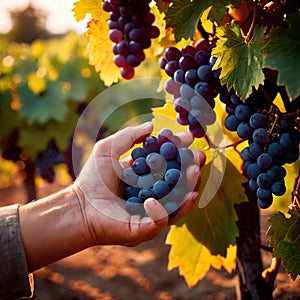 Hands harvesting and handling grapes on the vine in vinyard farm