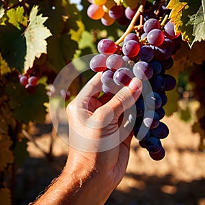 Hands harvesting and handling grapes on the vine in vinyard farm