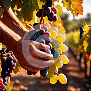 Hands harvesting and handling grapes on the vine in vinyard farm