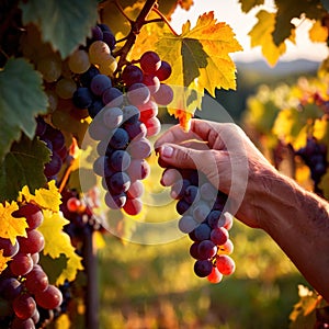 Hands harvesting and handling grapes on the vine in vinyard farm