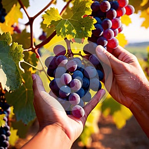 Hands harvesting and handling grapes on the vine in vinyard farm