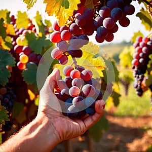 Hands harvesting and handling grapes on the vine in vinyard farm