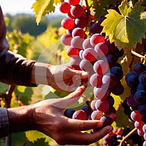 Hands harvesting and handling grapes on the vine in vinyard farm