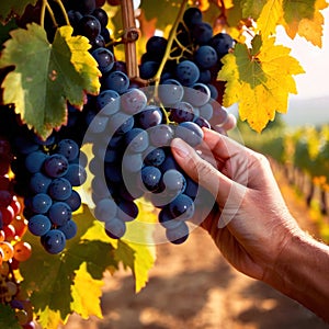 Hands harvesting and handling grapes on the vine in vinyard farm