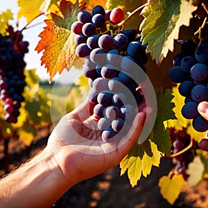 Hands harvesting and handling grapes on the vine in vinyard farm