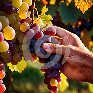 Hands harvesting and handling grapes on the vine in vinyard farm