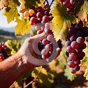 Hands harvesting and handling grapes on the vine in vinyard farm