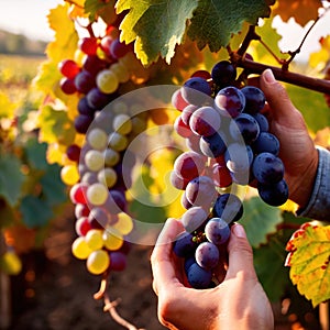 Hands harvesting and handling grapes on the vine in vinyard farm