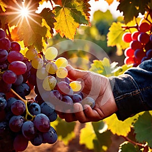 Hands harvesting and handling grapes on the vine in vinyard farm