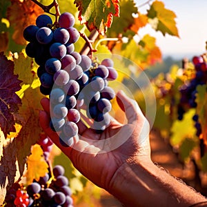 Hands harvesting and handling grapes on the vine in vinyard farm