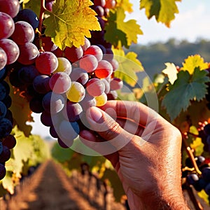 Hands harvesting and handling grapes on the vine in vinyard farm