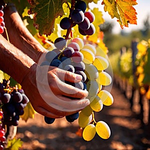 Hands harvesting and handling grapes on the vine in vinyard farm