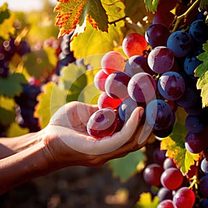 Hands harvesting and handling grapes on the vine in vinyard farm