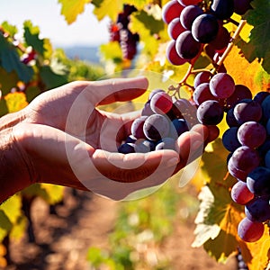 Hands harvesting and handling grapes on the vine in vinyard farm