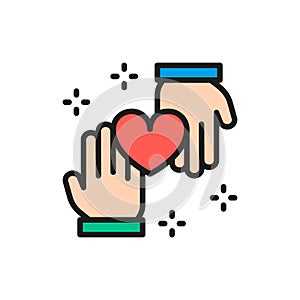 Hands with heart, donation, volunteering, good deeds color line icon.