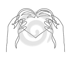 Hands with heart, one line art, continuous contour drawing, hand-drawn gesture, symbol of romantic love. Decoration for St.