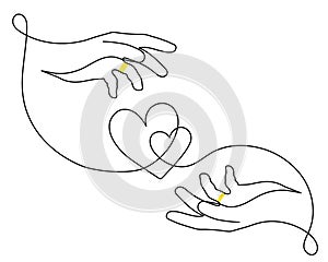 Hands with heart one line art, love concept continuous contour drawing, hand-drawn. Bridal, nuptials, engagement symbol. Editable