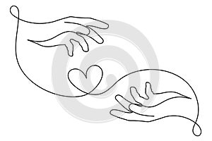 Hands with heart one line art, love concept continuous contour drawing, hand-drawn. Romance, engagement and marriage symbol.