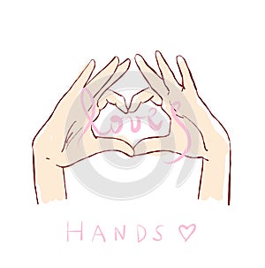 Hands with Heart Shape doodle set vector. Hand drawn illustration