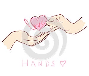 Hands with Heart Shape doodle set vector. Hand drawn illustration