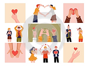 Hands with hearts. Cartoon support and charity concept with human hands and characters holding red hearts, charity and